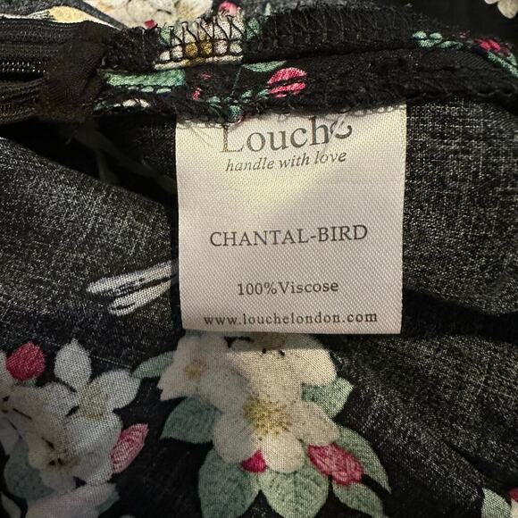 Louche black floral bird v neck short sleeve midi dress size 10 unlined - Picture 8 of 10